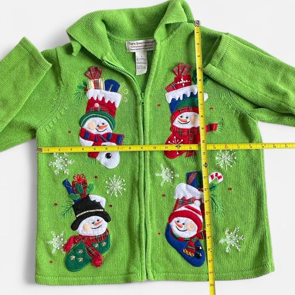 Vintage Tiara International Christmas Green Knit Embroidered Snowman Cardigan - Picture 5 of 8